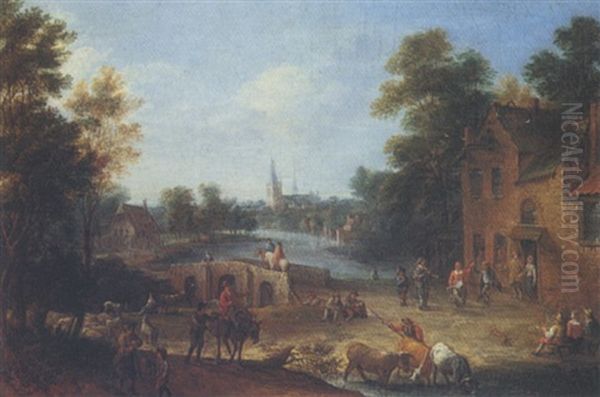 River Landscape With Peasants Dancing Outside A Tavern Oil Painting by Mathys Schoevaerdts