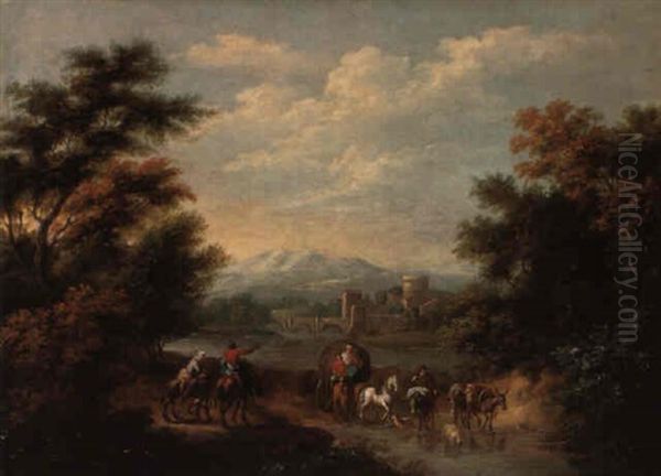 An Extensive Landscape With Travellers And A Horsedrawn Wagon Oil Painting by Mathys Schoevaerdts