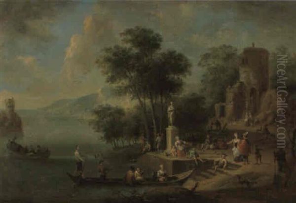 River Landscapes With Peasants And Elegant Figures By A Ferry Oil Painting by Mathys Schoevaerdts