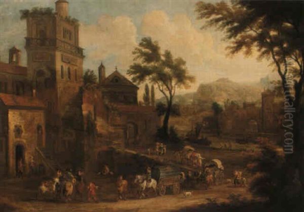 River Landscape With Riders And Covered Waggons Leaving A Town Oil Painting by Mathys Schoevaerdts