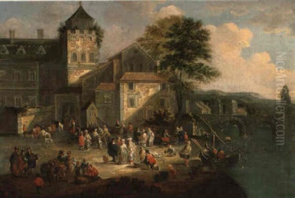 A Coastal Landscape With Merchants And Fishmonger Oil Painting by Mathys Schoevaerdts