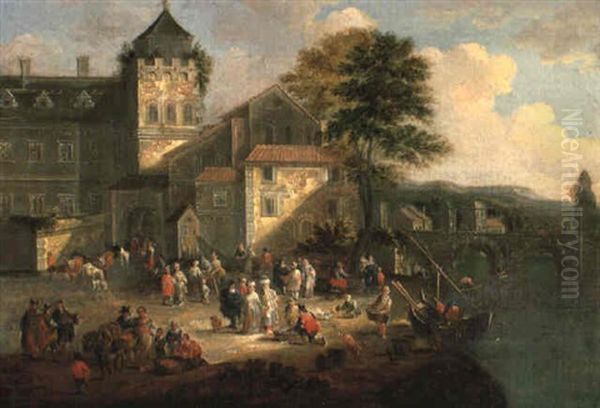 A Coastal Landscpae With Merchants Gathered Around A Fishmonger Oil Painting by Mathys Schoevaerdts