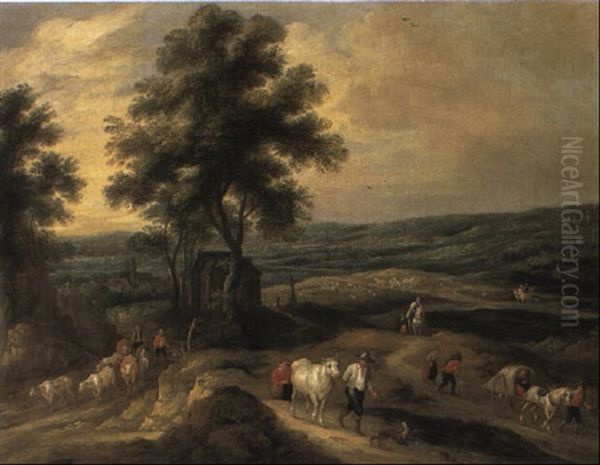 Extensive Landscape With Drovers And Peasants On A Track Oil Painting by Mathys Schoevaerdts