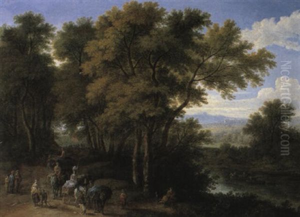 Wooded River Landscape With Travellers And Pack-horses On A Path Oil Painting by Mathys Schoevaerdts