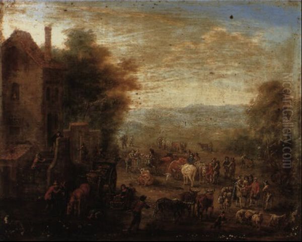 Village Cattle Market With An Extensive Landscape Oil Painting by Mathys Schoevaerdts