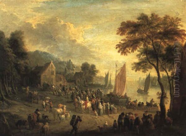 River Landscape With Peasants Gathered Near Ferry Boats Oil Painting by Mathys Schoevaerdts