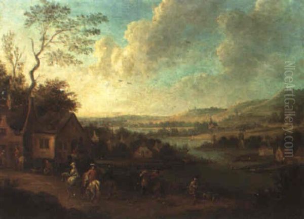 River Landscape With Riders Returning To A Village Oil Painting by Mathys Schoevaerdts