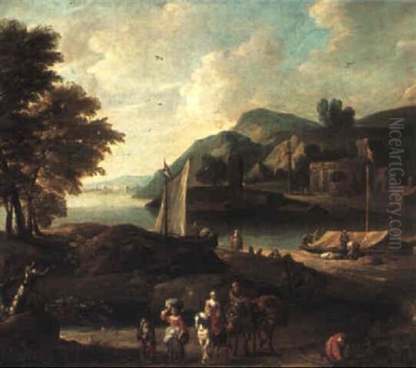 River Landscape With Figures And Mounted Travellers On A Path Oil Painting by Mathys Schoevaerdts