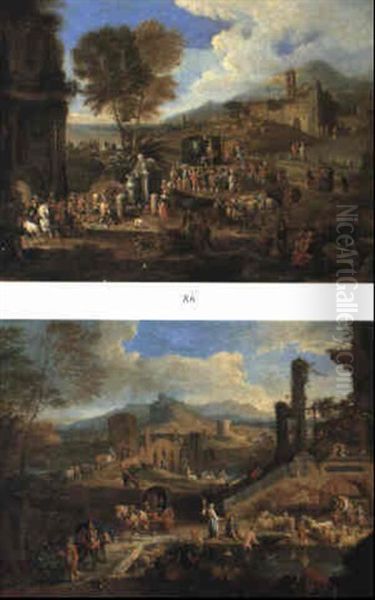 Italianate Landscape With Travelling Players Performing To A Crowd Oil Painting by Mathys Schoevaerdts