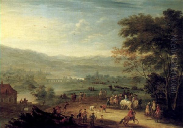 A Hawking Party In An Extensive River Landscape Oil Painting by Mathys Schoevaerdts