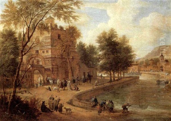 Figures Beside A Ruin Near A River Oil Painting by Mathys Schoevaerdts