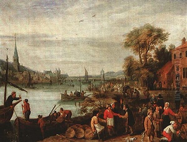 Peasants Unloading Wine Beside A River Oil Painting by Mathys Schoevaerdts