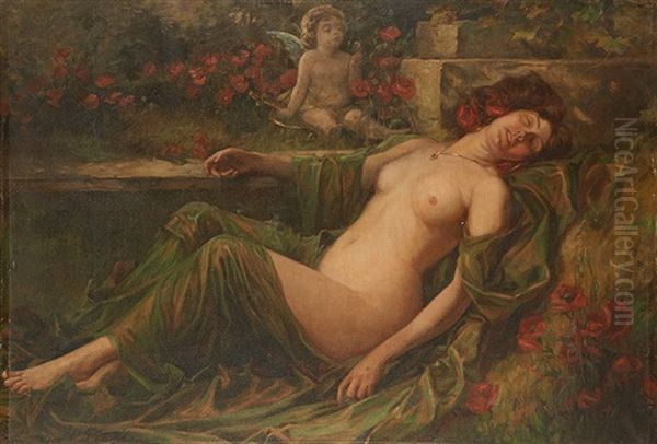 Jeune Femme Nue Endormie Dans Les Coquelicots Oil Painting by John William Schofield