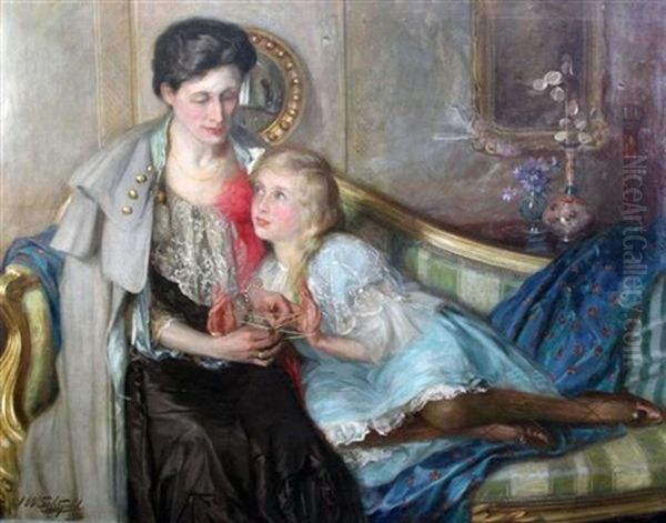 Portrait Of A Mother And Daughter Playing Cat's Cradle Oil Painting by John William Schofield