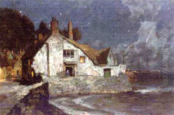 Figures On A Moonlit Quay (+ The Quayside Cottage; Pair) Oil Painting by John William Schofield