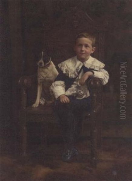 Portrait Of A Boy In A Blue Coat And Breeches, A Jack Russell By His Side, In An Interior Oil Painting by John William Schofield