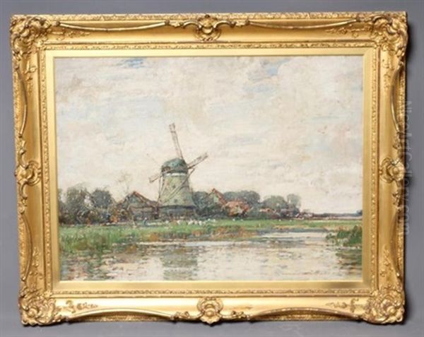 Dutch Landscape With Windmill Oil Painting by Kershaw Schofield