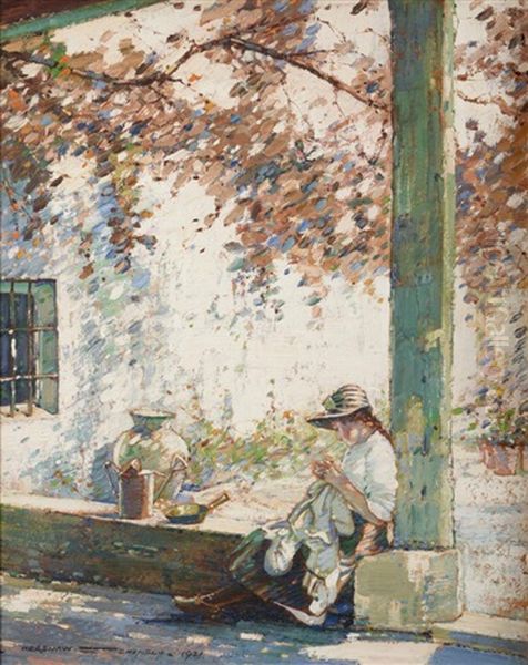 Little Girl Sitting Against A Pillar In Dappled Sunlight Oil Painting by Kershaw Schofield