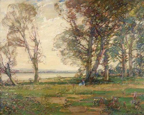 Figures In An Extensive Landscape On A Breezy Day Oil Painting by Kershaw Schofield