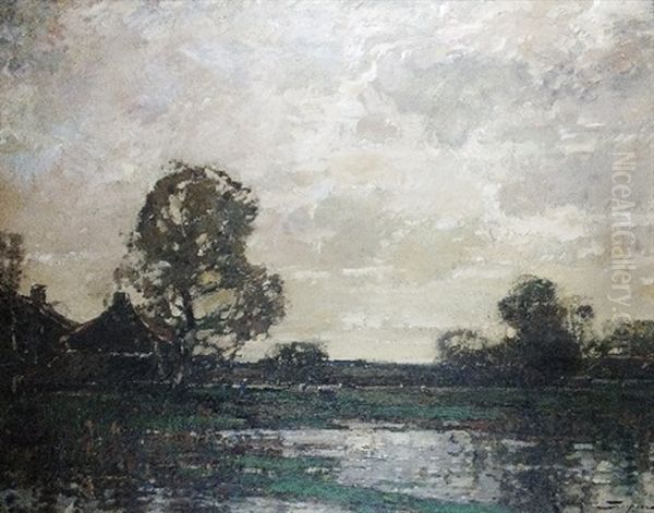 Landscape With A Figure And Cattle In A Water Meadow, A Farm Nearby Oil Painting by Kershaw Schofield