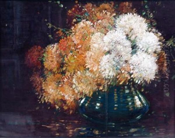 Still Life With Chrysanthemums In A Clear Glass Bowl Oil Painting by Kershaw Schofield