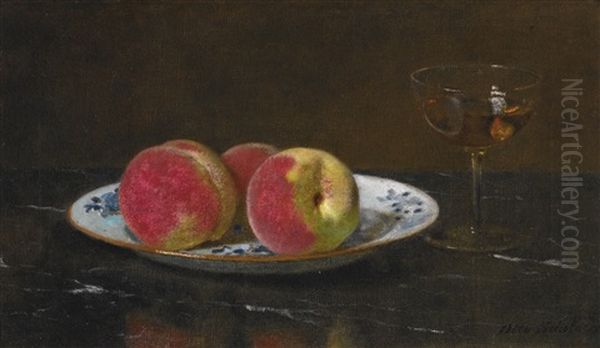 Still Life With Peaches And Glass Oil Painting by Otto Franz Scholderer