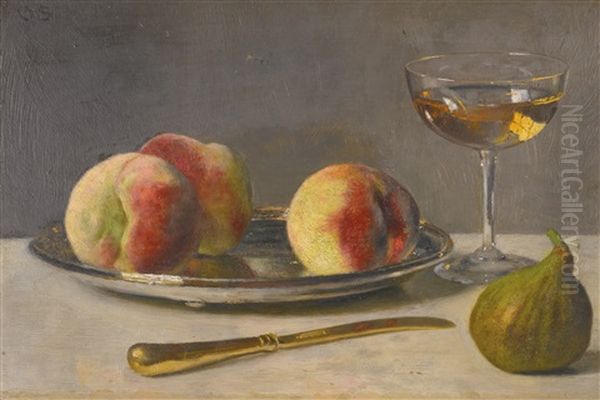 Still Life With Peaches And Fig Oil Painting by Otto Franz Scholderer