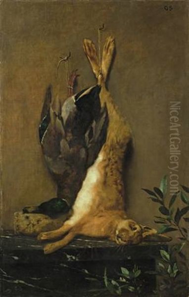 Jagdstilleben Mit Aufgehangtem Hasen Und Einer Ente (pair) Oil Painting by Otto Franz Scholderer