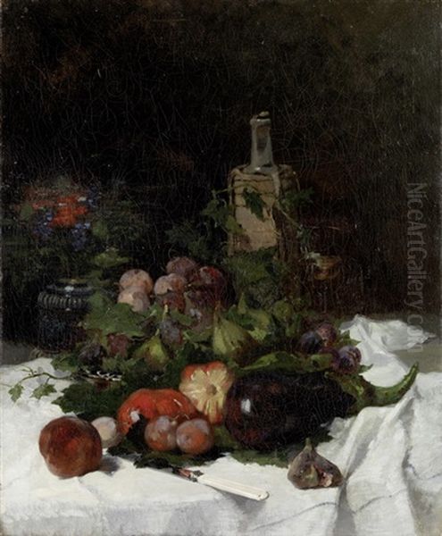 Stillleben Mit Fruchten, Weinflasche Und Blumen In Einer Vase Oil Painting by Otto Franz Scholderer