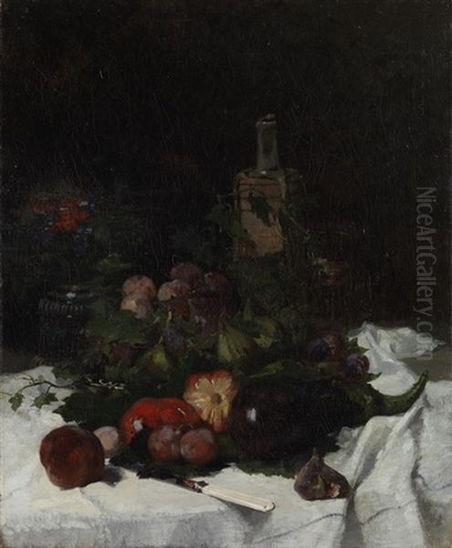 Stillleben Mit Fruchten, Weinflasche Und Blumen In Einer Vase Oil Painting by Otto Franz Scholderer