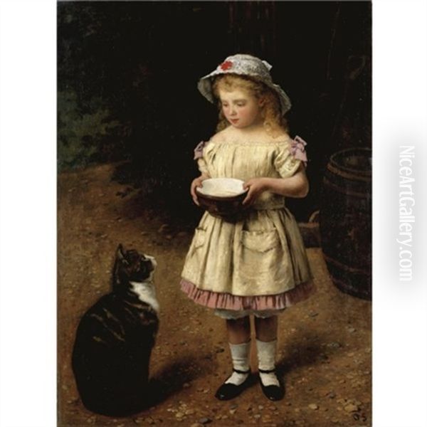 Kind Mit Katze (her Favourite Pet) Oil Painting by Otto Franz Scholderer