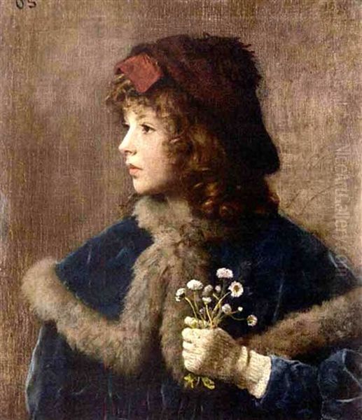 A Girl With Flowers Oil Painting by Otto Franz Scholderer