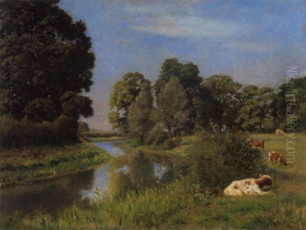 Sommerlandschaft Mit Flusbiegung Und Weidenden Kuhen Oil Painting by Otto Franz Scholderer