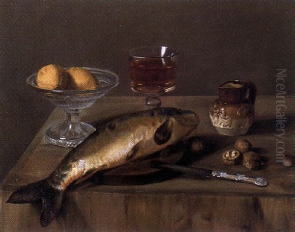 Stilleben Mit Zitronen Auf Einer Glasschale, Fisch, Walnussen Und Weinglas Oil Painting by Otto Franz Scholderer