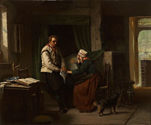 Eine Fischersfrau Erhalt Eine Traurige Nachricht. Interieur Mit Alkoven Und Tisch Mit Aufgeschlagenem Foliant; Offene Tur Mit Durchblick Auf Das Meer Oil Painting by Hendrik Jacobus Scholten