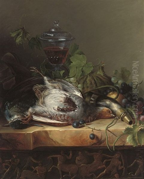 Dead Game, Grapes, Melon And A Glass Of Wine On A Carved Stone Ledge Oil Painting by Petrus Nicolaas Scholten