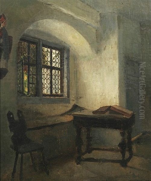 Klosterzimmer Mit Stuhl Und Holztisch, An Der Wand Eine Heiligenstatue Oil Painting by Julius Scholtz