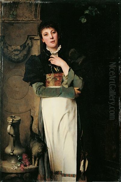 Bildnis Einer Jungen Frau Mit Katze Oil Painting by Julius Scholtz