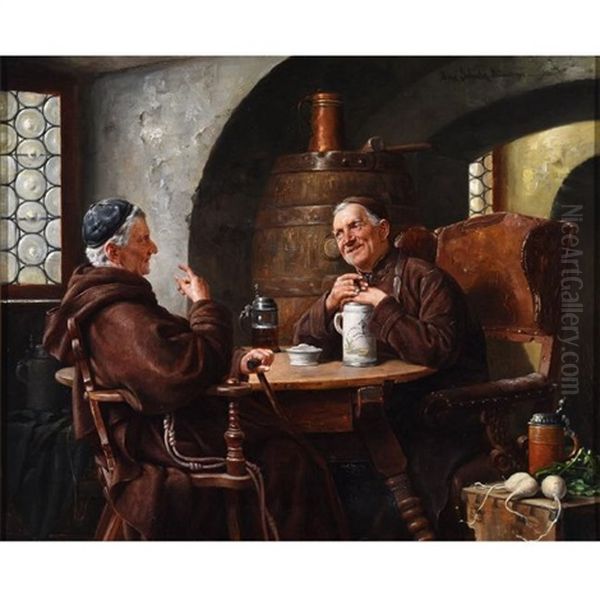 Monks At The Table Oil Painting by Max Scholz