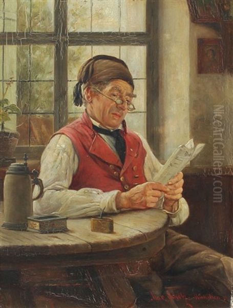 Bespecaled Man Reading A Newspaper In An Interior Oil Painting by Max Scholz