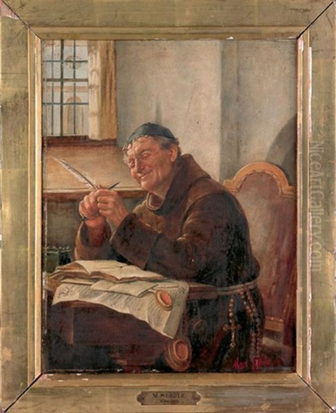 Monk Sharpening A Quill Oil Painting by Max Scholz