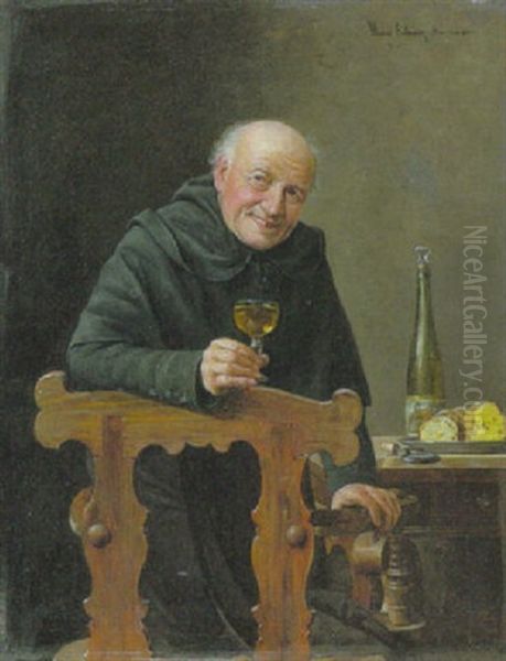 Monch Bei Der Brotzeit Am Tisch, Genieserisch Ein Glas Wein In Der Rechten Hand Haltend Oil Painting by Max Scholz