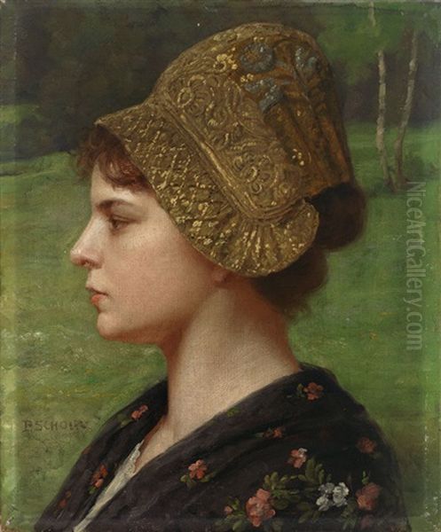 Goldhaubchen. Portrait Einer Jungen Frau Im Profil Von Links Mit Bestickter Haube by Paul Scholz