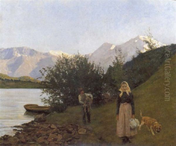 Abendstimmung Am Haidersee, Studtirol, Ruckseitig Oil Painting by Richard Scholz