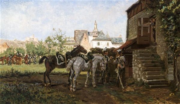 Hussars In A Village Oil Painting by Cornelis Albertus Schomer