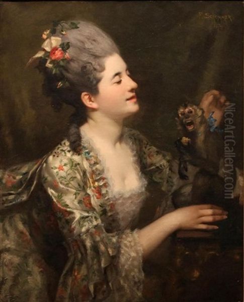 Portrait Of A Woman With Her Monkey, 1874 Oil Painting by Francois Schommer