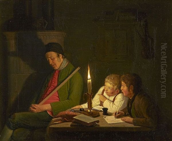 Kvallsinterior Med Sovande Man Och Tva Pojkar Vid Ett Bord. Oil Painting by Friedrich Wilhelm Schon