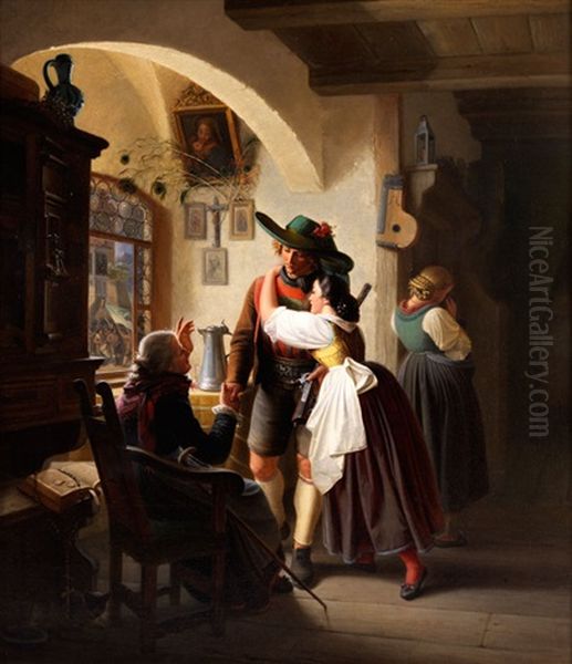 Ein Landwehrmann In Sudtirol Nimmt Abschied Beim Aufbruch Zum Schutz Der Deutschen Grenze Im Jahr 1848 Oil Painting by Friedrich Wilhelm Schon