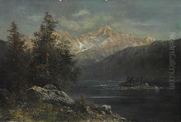 Lake Eibsee At Dawn Oil Painting by Alfred K.J.O. von Schoenberger