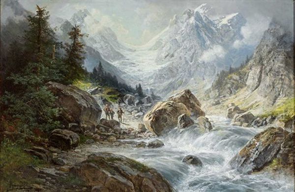 Hochgebirgslandschaft Mit Gletscher Und Reisendem Wildbach. Bergsteiger Auf Dem Weg Oil Painting by Alfred K.J.O. von Schoenberger